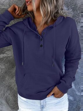 NWT Amazon Essentials Casual Button-Henley Hooded Sweatshirt - Navy